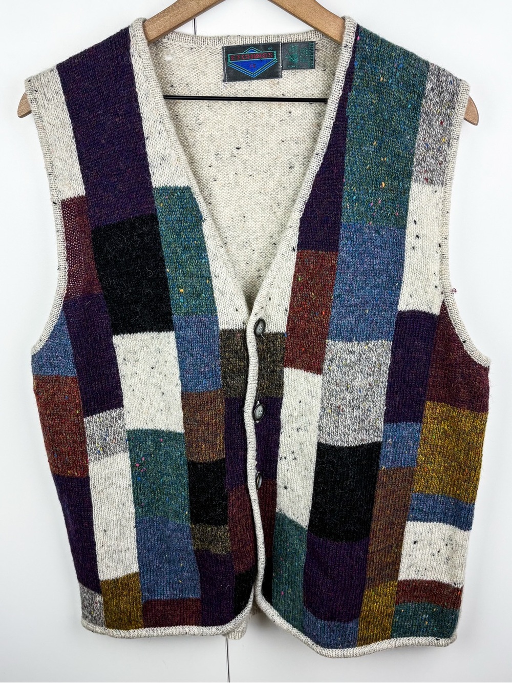 Vintage 100% Wool Patchwork Colorblock Speckled Multi Color Button Sweater Vest